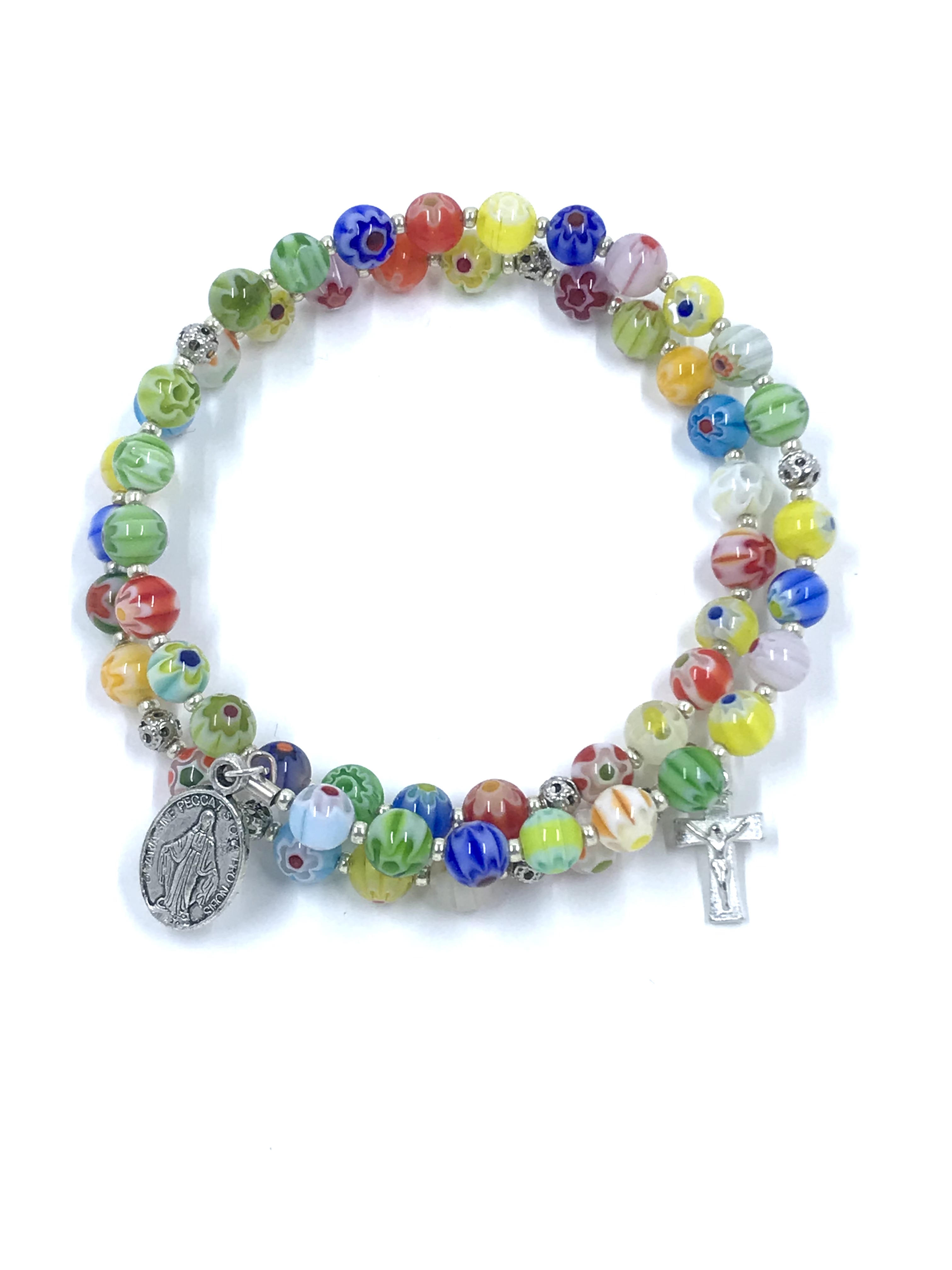 rosary bracelet made with multicolored millefiori beads on memory wire
